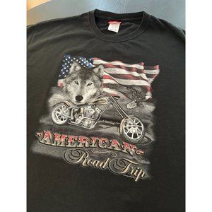 VTG American Road Trip T-Shirt Men XL Black Wolf Bald Eagle‎ Motorcycle USA Flag